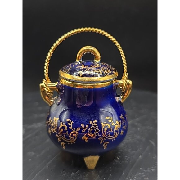 Limoges France 22K Gold Painted Cobalt Blue Mini Figurine Cooking Pot Doll House - Picture 1 of 9